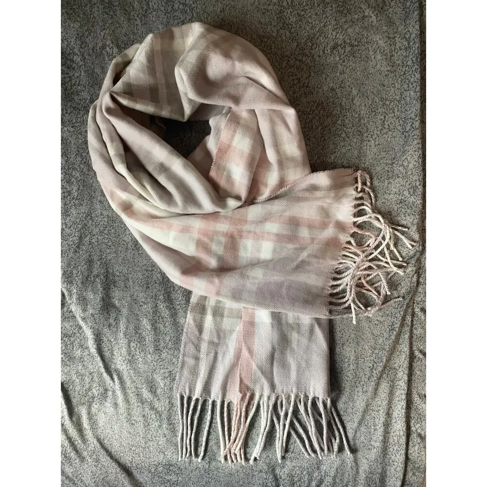 Cashmere Feel White Gray Plaid Acrylic Fringe Rectangle Scarf 12